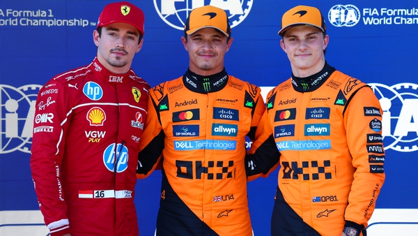 Pole position qualifier Lando Norris of Great Britain and McLaren Second placed qualifier Charles Leclerc of Monaco and Scuderia Ferrari and Third placed qualifier Oscar Piastri of Australia and McLaren during qualifying ahead of the F1 Grand Prix of Aust