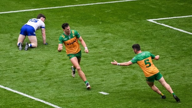 28 June 2025; Michael Langan, left, celebrates with team-mate Ryan McHugh of Donegal, after scoring his side's first goal during the GAA Football All-Ireland Senior Championship quarter-final match between Monaghan and Donegal at Croke Park in Dublin. Photo by Daire Brennan/Sportsfile