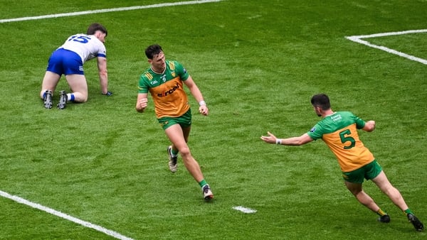 28 June 2025; Michael Langan, left, celebrates with team-mate Ryan McHugh of Donegal, after scoring his side's first goal during the GAA Football All-Ireland Senior Championship quarter-final match between Monaghan and Donegal at Croke Park in Dublin. Pho