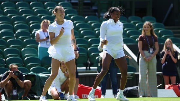 Aryna Sabalenka and Coco Gauff of United States dance together after a practice session prior to The Championships Wimbledon 2025 at All England Lawn Tennis and Croquet Club on June 27, 2025 in London, England.