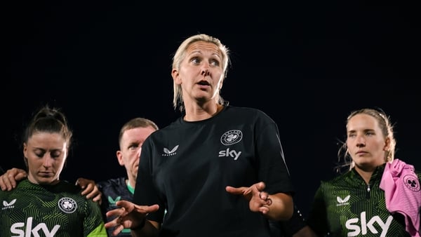 Republic of Ireland head coach Carla Ward speaks to her players and staff after the women's international friendly match between the USA and Republic of Ireland at Dick’s Sporting Goods Park in Commerce City, Colorado, USA.