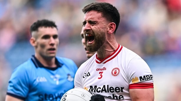 28 June 2025; Pádraig Hampsey of Tyrone celebrates winning a free during the GAA Football All-Ireland Senior Championship quarter-final match between Dublin and Tyrone at Croke Park in Dublin. Photo by Piaras Ó Mídheach/Sportsfile