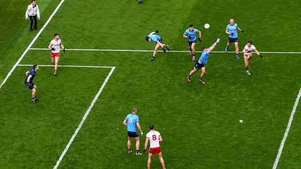 28 June 2025; Daragh Canavan of Tyrone kicks a point during the GAA Football All-Ireland Senior Championship quarter-final match between Dublin and Tyrone at Croke Park in Dublin. Photo by David Fitzgerald/Sportsfile