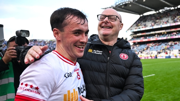 28 June 2025; Tyrone manager Malachy O'Rourke celebrates with Darragh Canavan after the GAA Football All-Ireland Senior Championship quarter-final match between Dublin and Tyrone at Croke Park in Dublin. Photo by David Fitzgerald/Sportsfile