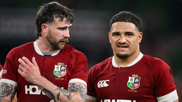 Mack Hansen, left, and Sione Tuipulotu of British & Irish Lions after the Lions 1888 Cup match between the British & Irish Lions and Argentina at the Aviva Stadium in Dublin.
