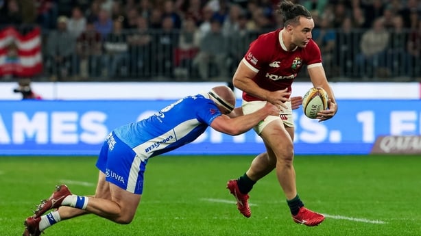 James Lowe of British & Irish Lions is tackled by Ollie Hoskins of Western Force during the tour match between Western Force and the British & Irish Lions at Optus Stadium in Perth, Australia.