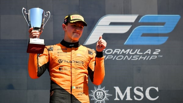 Second placed Alexander Dunne of Ireland and Rodin Motorsport (17) on the podium with his trophy during the Round 7 Spielberg Feature race of the Formula 2 Championship at Red Bull Ring on June 29, 2025 in Spielberg, Austria.