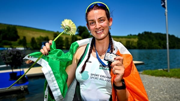 29 June 2025; Fiona Murtagh of Ireland celebrates after finishing second in the Women's Single Scull Final A during the 2025 World Rowing Cup at Rotsee in Lucerne, Switzerland. Photo by Benedict Tufnell/Sportsfile