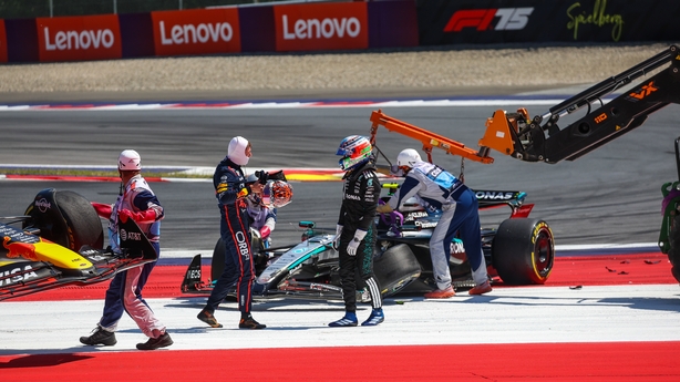 Max Verstappen of the Netherlands and Oracle Red Bull Racing and Andrea Kimi Antonelli of Italy and Mercedes in the run off area following contact during the F1 Grand Prix of Austria at Red Bull Ring on June 29, 2025 in Spielberg, Austria.