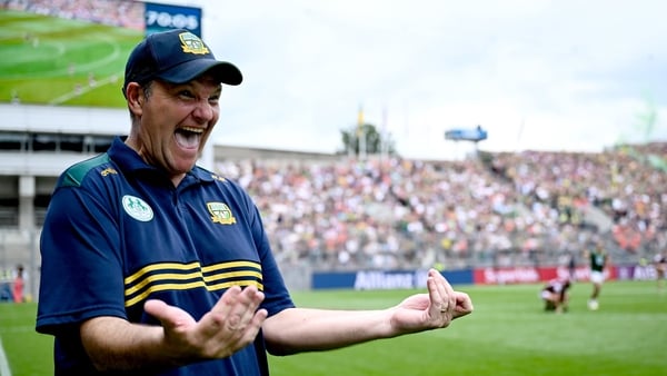 29 June 2025; Meath manager Robbie Brennan celebrates at the final whistle of the GAA Football All-Ireland Senior Championship quarter-final match between Meath and Galway at Croke Park in Dublin. Photo by Shauna Clinton/Sportsfile