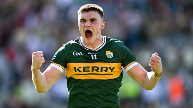 29 June 2025; Man of the Match Seán O'Shea of Kerry celebrates after the GAA Football All-Ireland Senior Championship quarter-final match between Armagh and Kerry at Croke Park in Dublin. Photo by Ray McManus/Sportsfile