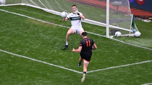 Rory Grugan of Armagh scores his side's first goal past Kerry goalkeeper Shane Ryan during the GAA Football All-Ireland Senior Championship quarter-final match between Armagh and Kerry at Croke Park in Dublin.