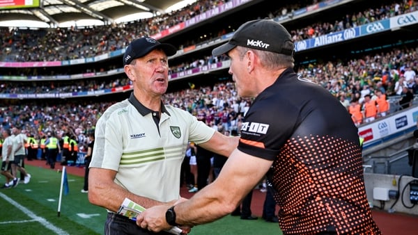 29 June 2025; Kerry manager Jack O'Connor, left, shakes hands with Armagh manager Kieran McGeeney after the GAA Football All-Ireland Senior Championship quarter-final match between Armagh and Kerry at Croke Park in Dublin. Photo by Shauna Clinton/Sportsfi