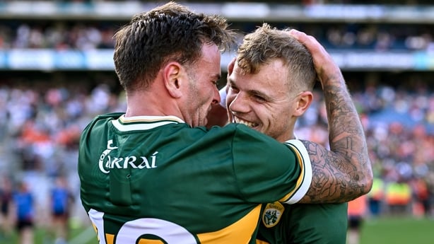 29 June 2025; Kerry players Micheál Burns, left, and Mark O'Shea celebrate after their side's victory in the GAA Football All-Ireland Senior Championship quarter-final match between Armagh and Kerry at Croke Park in Dublin. Photo by Piaras Ó Mídheach/Sportsfile