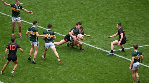 29 June 2025; Seán O'Shea of Kerry in action against Ben Crealey of Armagh during the GAA Football All-Ireland Senior Championship quarter-final match between Armagh and Kerry at Croke Park in Dublin. Photo by Daire Brennan/Sportsfile