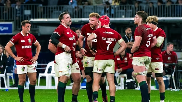 Perth , Australia - 28 June 2025; British & Irish Lions players, from left, Alex Mitchell, Jack Conan, Ollie Chessum, Josh van der Flier, Joe McCarthy and Henry Pollock during the tour match between Western Force and the British & Irish Lions at Optus Stadium in Perth, Australia. (Photo By Steve Chr