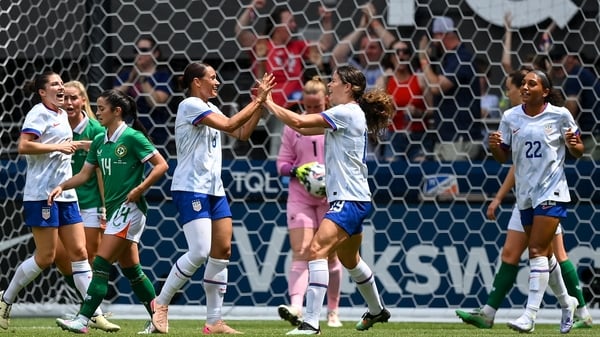 29 June 2025; Lynn Biyendolo of United States celebrates with teammate Emma Sears, right, after scoring their side's first goal during the women's international friendly match between the USA and Republic of Ireland at TQL Stadium in Cincinnati, Ohio, USA