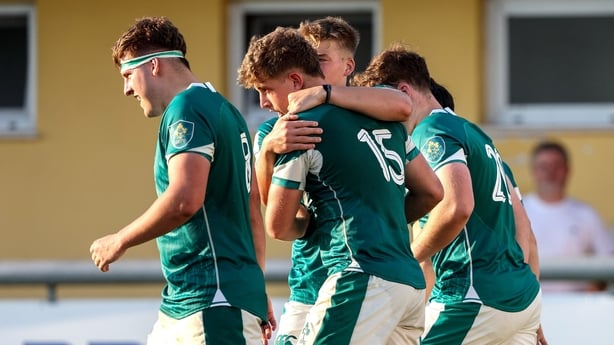 29 June 2025; Ireland players celebrate the try scored by Charlie Molony of Ireland during the World Rugby U20 Championship 2025 Pool C match between Ireland and Georgia at Stadio San Michele in Calvisano, Italy. Photo by Roberto Bregani/Sportsfile