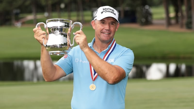Padraig Harrington poses with the Francis D Ouimet Memorial Trophy after his victory