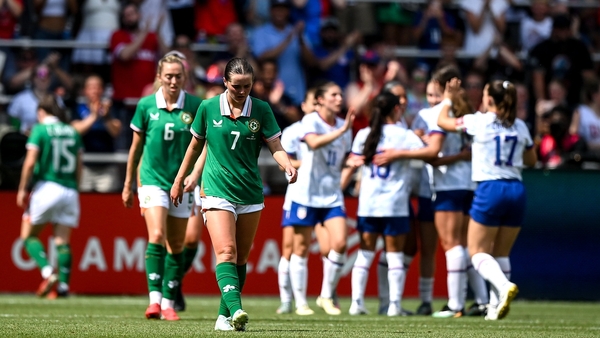 29 June 2025; Tyler Toland, right, and Megan Connolly of Republic of Ireland reacts after her side concede a third goal during the women's international friendly match between the USA and Republic of Ireland at TQL Stadium in Cincinnati, Ohio, USA. Photo