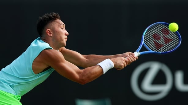 NOTTINGHAM, ENGLAND - JUNE 16: James McCabe of Australia plays a backhand against George Loffhagen of Great Britain during the Men's Singles Third Round match on day 3 of the Lexus Nottingham Open at the Lexus Nottingham Tennis Centre on June 16, 2025 in Nottingham, England. (Photo by Nathan Stirk/G
