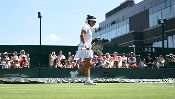 LONDON, ENGLAND - JUNE 30: Ons Jabeur of Tunisia reacts against Viktoriya Tomova of Bulgaria during the Ladies' Singles first round match on day one of The Championships Wimbledon 2025 at All England Lawn Tennis and Croquet Club on June 30, 2025 in London