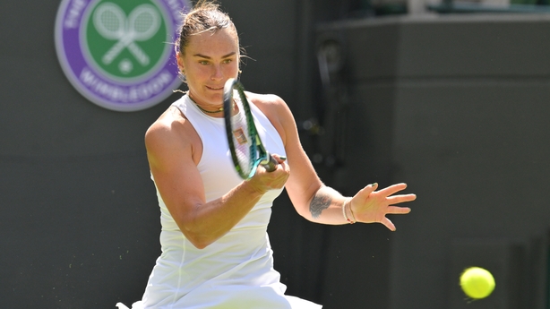 LONDON, UNITED KINGDOM - JUNE 30: Aryna Sabalenka in action against Carson Branstine (not seen) of Canada in the ladies singles first round match during day one of The Championships Wimbledon 2025 at All England Lawn Tennis and Croquet Club on June 30, 2025 in London, England. (Photo by Ray Tang/Ana