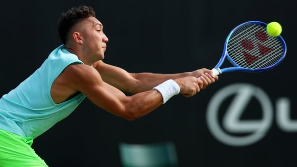 NOTTINGHAM, ENGLAND - JUNE 16: James McCabe of Australia plays a backhand against George Loffhagen of Great Britain during the Men's Singles Third Round match on day 3 of the Lexus Nottingham Open at the Lexus Nottingham Tennis Centre on June 16, 2025 in