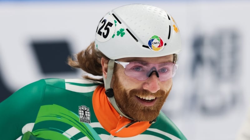 Sean McAnuff competing in the Men's 1000m during the ISU World Short Track Speed Skating Championships in Beijing this March