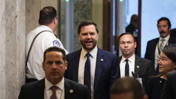 WASHINGTON, DC - JULY 1: U.S. Vice President JD Vance (C) arrives during a vote-a-rama at the U.S. Capitol, on July 1, 2025 in Washington, DC. Republican leaders are pushing to get President Donald Trump's so-called "One, Big, Beautiful Bill," Act through Congress and to his desk before the July 4 I