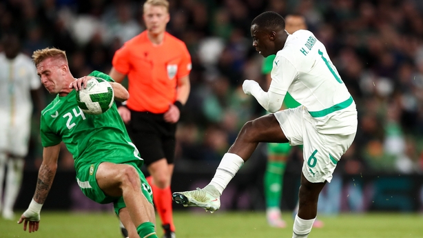 Habib Diarra of Senegal has his shot blocked by Killian Phillips of Republic of Ireland during the international friendly match between Republic of Ireland and Senegal at the Aviva Stadium in Dublin.