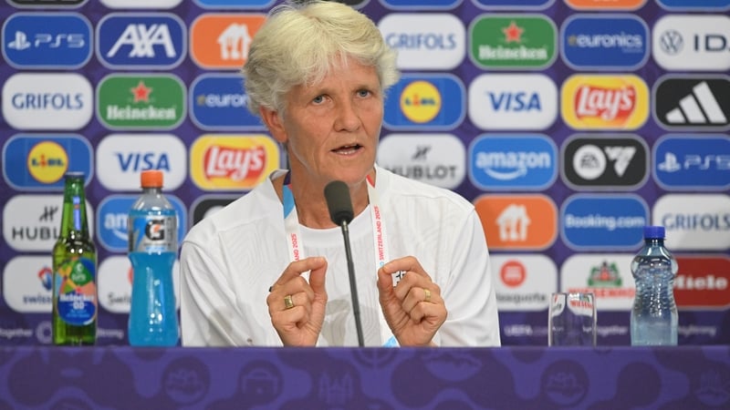 Switzerland head coach Pia Sundhage speaks to the media during the team's press conference ahead of Wednesday's opening night