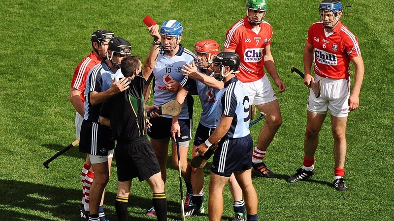 Referee James Owens sends off Dublin's Ryan O'Dwyer (red helmet) in the 2013 All-Ireland SHC semi-final