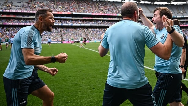 21 June 2025; Dublin manager Niall Ó Ceallacháin, right, celebrates with selectors David Curtin, left, and Donal McGovern after the GAA Hurling All-Ireland Senior Championship quarter-final match between Dublin and Limerick at Croke Park in Dublin. Photo by Ramsey Cardy/Sportsfile