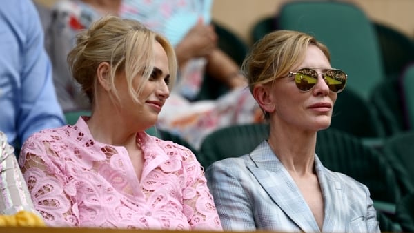 LONDON, ENGLAND - JULY 01: Actresses Rebel Wilson and Cate Blanchett are seen in the Royal Box prior to Ladies' Singles first round match between Barbora Krejcikova of Czechia and Alexandra Eala of Philippines on day two of The Championships Wimbledon 202