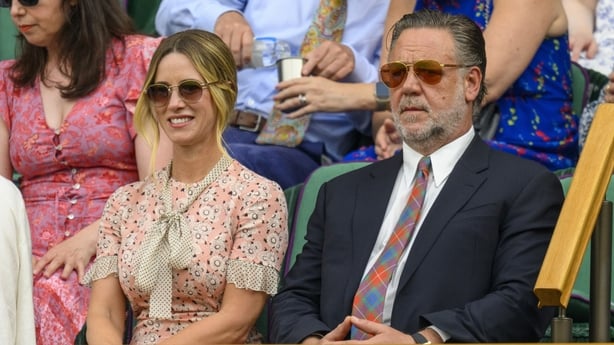 LONDON, UNITED KINGDOM - JULY 01: Actor Russell Crowe and Ms Britney Theriot watch tennis from the Royal Box during the second day of the 2024 Wimbledon Championships at The All England Lawn Tennis and Croquet Club in Wimbledon on July 1, 2024, in London, England (Photo by Ray Tang/Anadolu via Getty