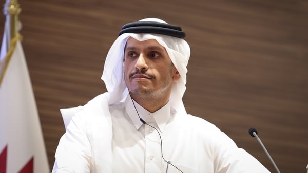 DOHA, QATAR - OCTOBER 25: Turkish Foreign Minister Hakan Fidan (not seen) and Prime Minister and Minister of Foreign Affairs of Qatar, Mohammed bin Abdulrahman bin Jassim Al Thani hold a joint press conference after their meeting in Doha, Qatar on October