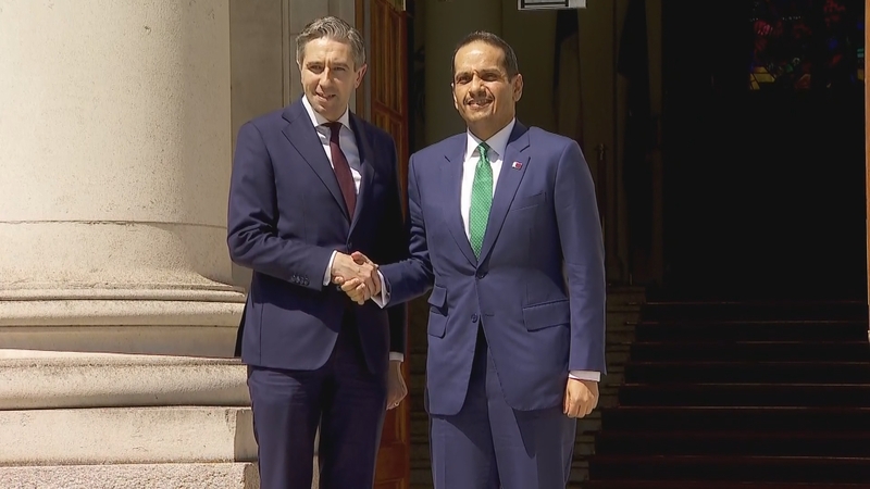 Simon Harris greeting the Qatari prime minister at Government Buildings