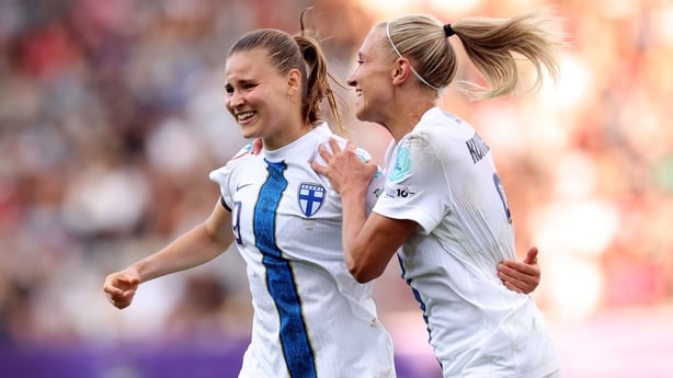 Katariina Kosola celebrates scoring her team's first goal with teammate Emma Koivisto during the UEFA Women's EURO 2025 Group A match between Iceland and Finland at Arena Thun on July 02, 2025 in Thun, Switzerland.