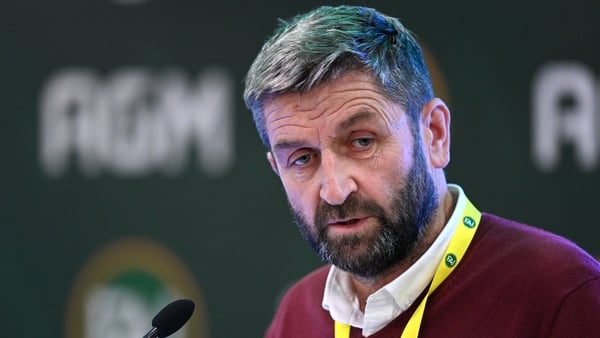 9 December 2023; FAI vice-president nominee John Finnegan addresses the assembly during the annual general meeting of the Football Association of Ireland at the Radisson Blu St. Helen's Hotel in Dublin. Photo by Stephen McCarthy/Sportsfile
