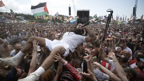 Bob Vylan rapper Bobby Vylan at the Glastonbury Festival last Saturday