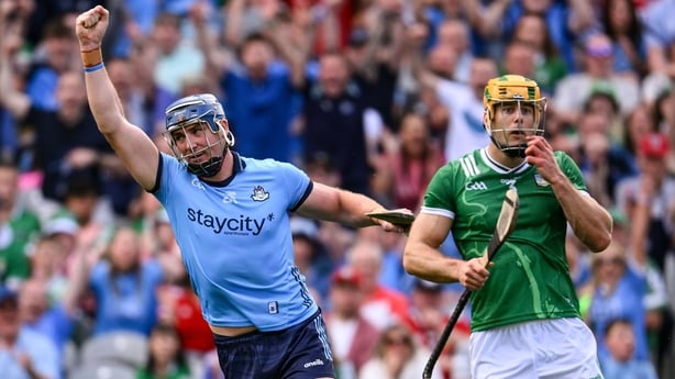 21 June 2025; John Hetherton of Dublin celebrates after scoring his side's first goal during the GAA Hurling All-Ireland Senior Championship quarter-final match between Dublin and Limerick at Croke Park in Dublin. Photo by Ramsey Cardy/Sportsfile