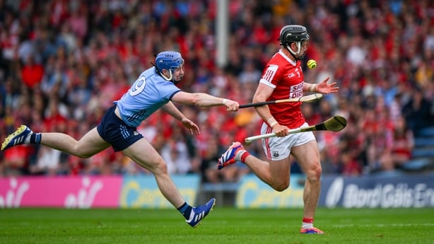 22 June 2024; Darragh Fitzgibbon of Cork is tackled by Brian Hayes of Dublin during the GAA Hurling All-Ireland Senior Championship quarter-final match between Dublin and Cork at FBD Semple Stadium in Thurles, Tipperary. Photo by Ray McManus/Sportsfile