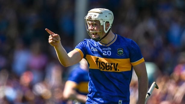 18 May 2025; Darragh McCarthy of Tipperary celebrates a late goal by Oisin O'Donoghue during the Munster GAA Hurling Senior Championship Round 4 match between Tipperary and Waterford at FBD Semple Stadium in Thurles, Tipperary. Photo by Ray McManus/Sportsfile
