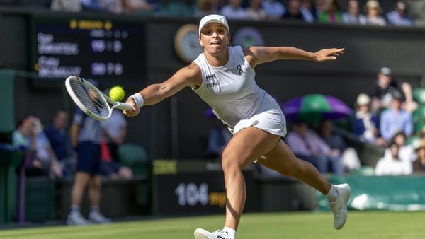 LONDON, ENGLAND - JULY 03: Iga Swiatek of Poland in action against Caty McNally of the United States in the second round of the Ladies' Singles Competition on Centre Court during the Wimbledon Lawn Tennis Championships at the All England Lawn Tennis and C