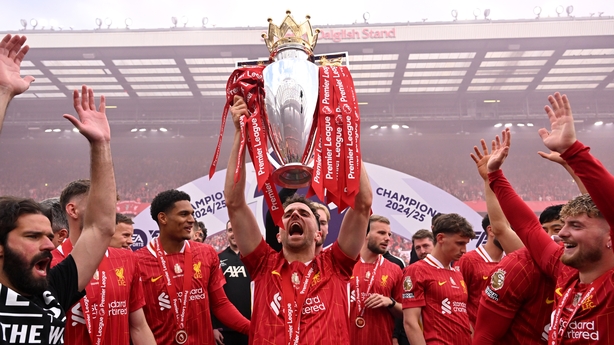 LIVERPOOL, ENGLAND - MAY 25: (THE SUN OUT. THE SUN ON SUNDAY OUT) Diogo Jota of Liverpool celebrates with the Premier League trophy, as Liverpool are crowned the Champions of the Premier League for the 2024/25 Season, following the Premier League match between Liverpool FC and Crystal Palace FC at A
