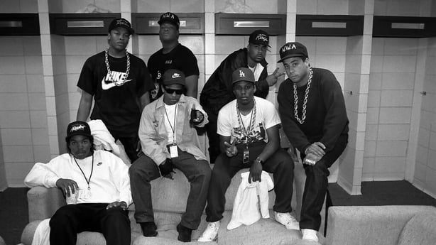 Rapper and producer Dr. Dre (Andre Romell Young) of N.W.A., rapper Laylaw (Larry Goodman) of Above The Law, rapper The D.O.C. (Tracy Lynn Curry) (back), Ice Cube (O'Shea Jackson), Eazy-E. (Eric Wright), MC Ren (Lorenzo Jerald Patterson) and DJ Yella (Antoine Carraby) of N.W.A. (front) poses for phot