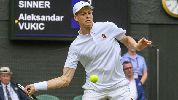 LONDON, UNITED KINGDOM - JULY 03: Jannik Sinner of Italy plays in the Men's singles second round match against Aleksandar Vukic (not seen) of Australia during day four of The Championships Wimbledon 2025 at All England Lawn Tennis and Croquet Club on July