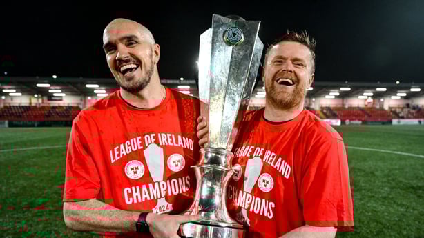 1 November 2024; Shelbourne assistant manager Joey O'Brien and manager Damien Duff, right, celebrate with the SSE Airtricity Men's Premier Division trophy after the SSE Airtricity Men's Premier Division match between Derry City and Shelbourne at The Ryan McBride Brandywell Stadium in Derry. Photo by