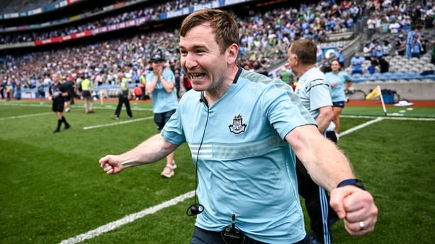 21 June 2025; Dublin manager Niall Ó Ceallacháin celebrates after the GAA Hurling All-Ireland Senior Championship quarter-final match between Dublin and Limerick at Croke Park in Dublin. Photo by Ramsey Cardy/Sportsfile